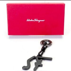 Salvatore Ferragamo Logo Keychain. Matte Black and Leather. Box Included.